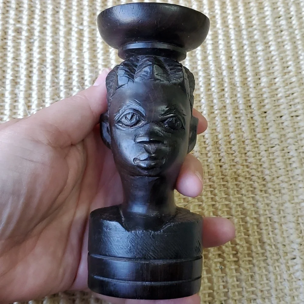 Vintage African Tribal Ebony Handcarved Figural Candleholder